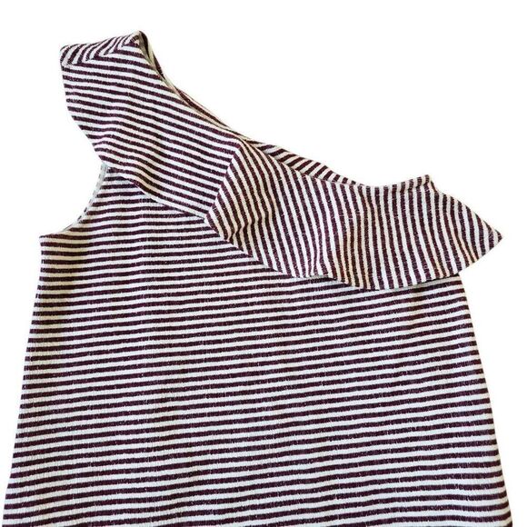 Loft A-Line Dress Women's Medium Red White Striped One Shoulder Ruffle Stretch - Picture 4 of 7